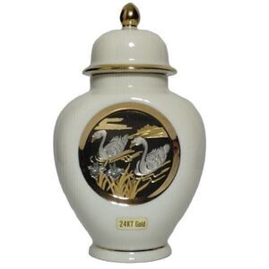 Elegant White Ceramic Ginger Jar w/ 24K‎ Gold Trim & Swan Medallion Decorative